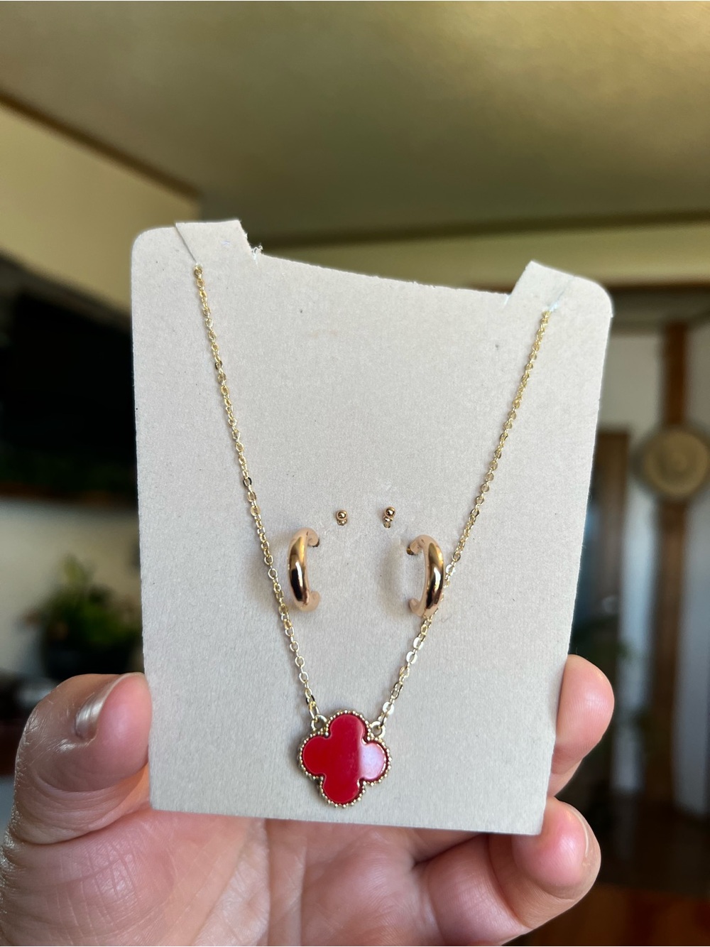 Gold Necklace and Earring Set with Red Clover Pendant
